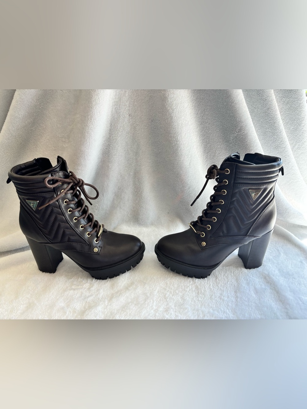 Guess Brown Lace-Up Platform Block Heel Boots with Gold Hardware